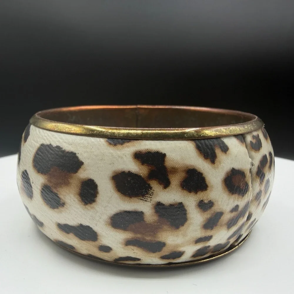 Cream Leopard Print Wide Gold Tone Bangle Bracelet Chunky Statement Y2K Gift